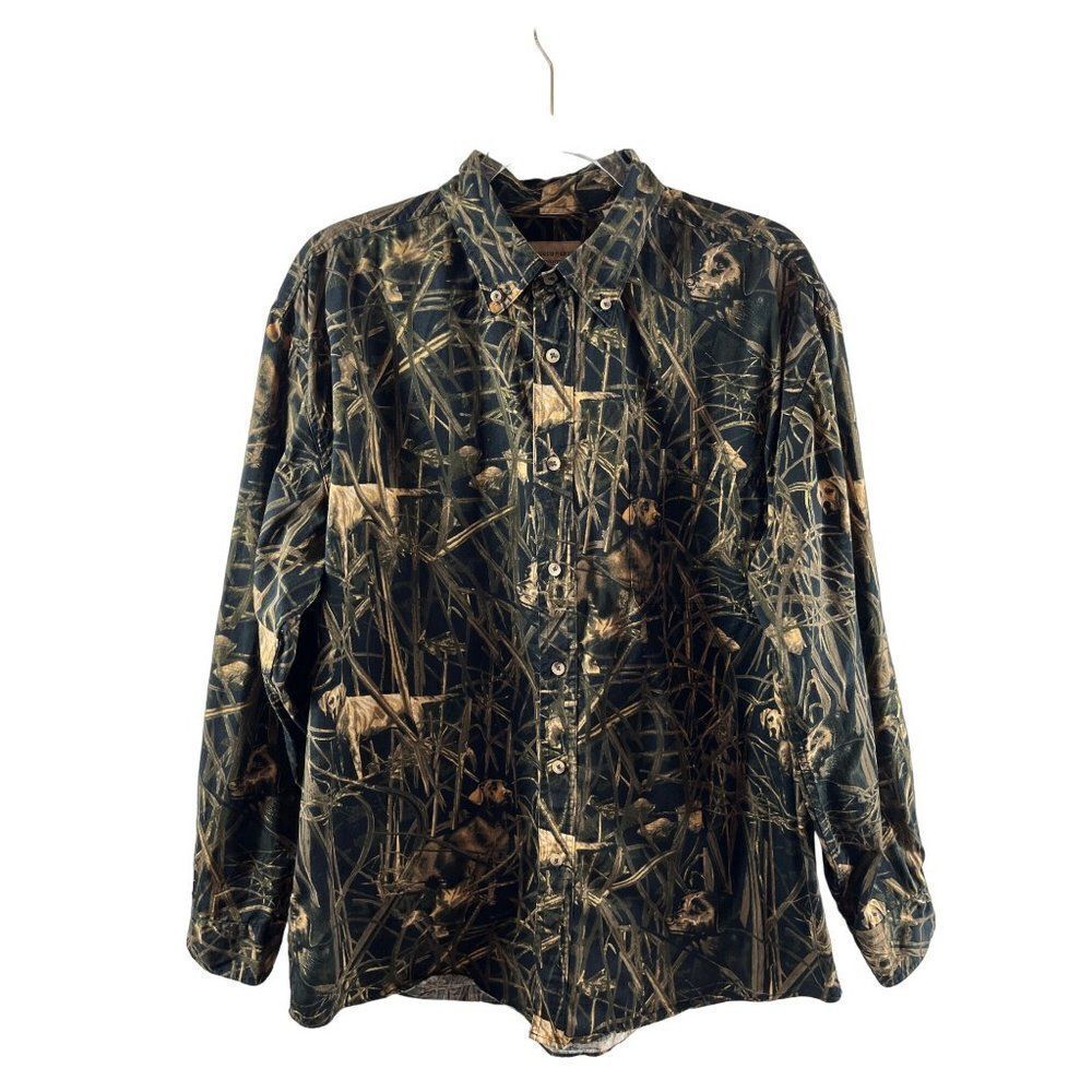 Rugged Earth Outfitters Hunting Dogs Camo Button Down Collared Shirt Large